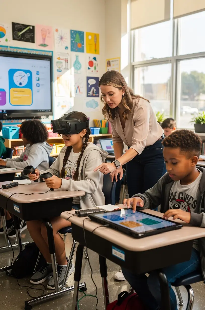 Close-up of hands typing on a laptop with educational software open in a school library
